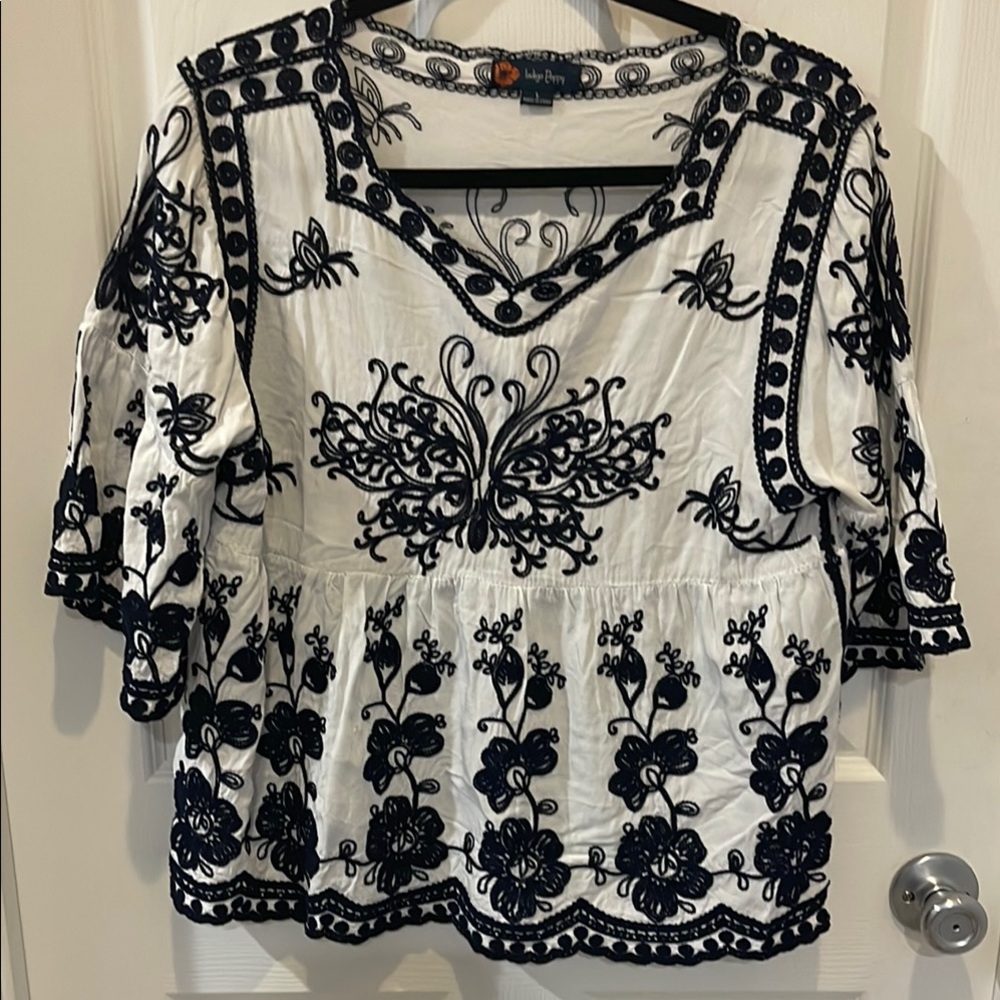 Indigo Poppy White and Black Embroidered Women's Top